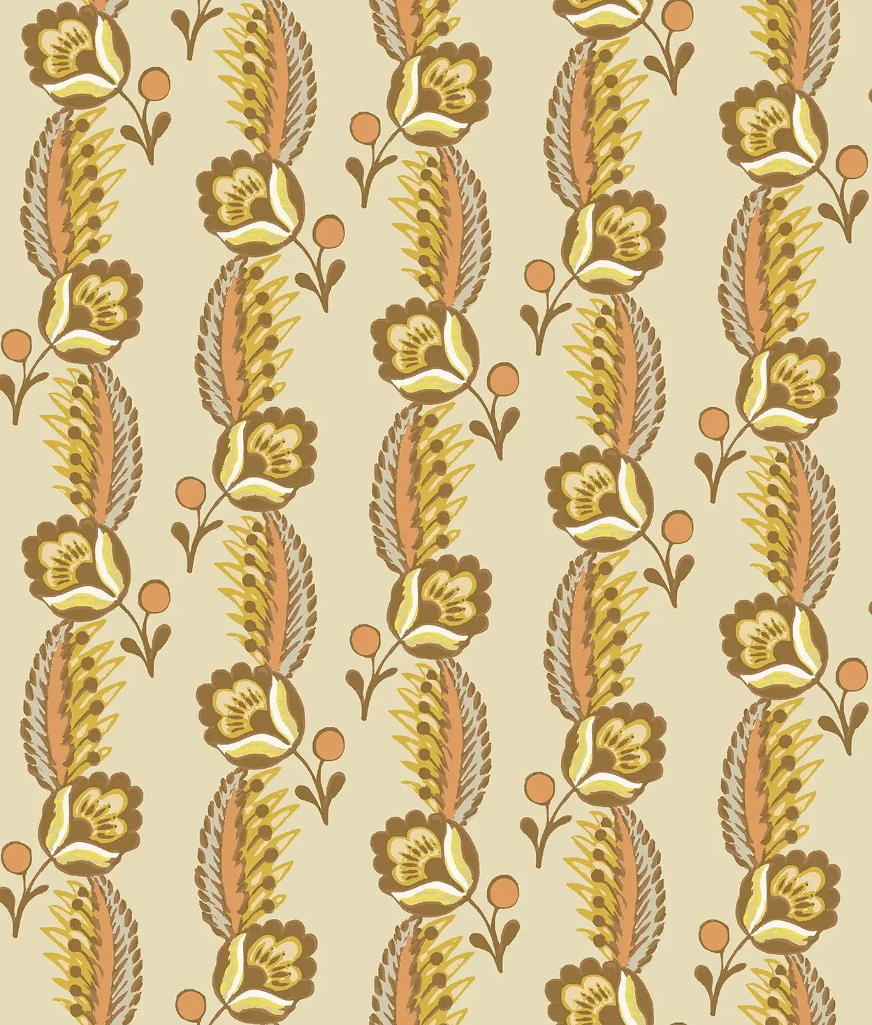 Decorative floral pattern with brown and gold flowers on a beige background