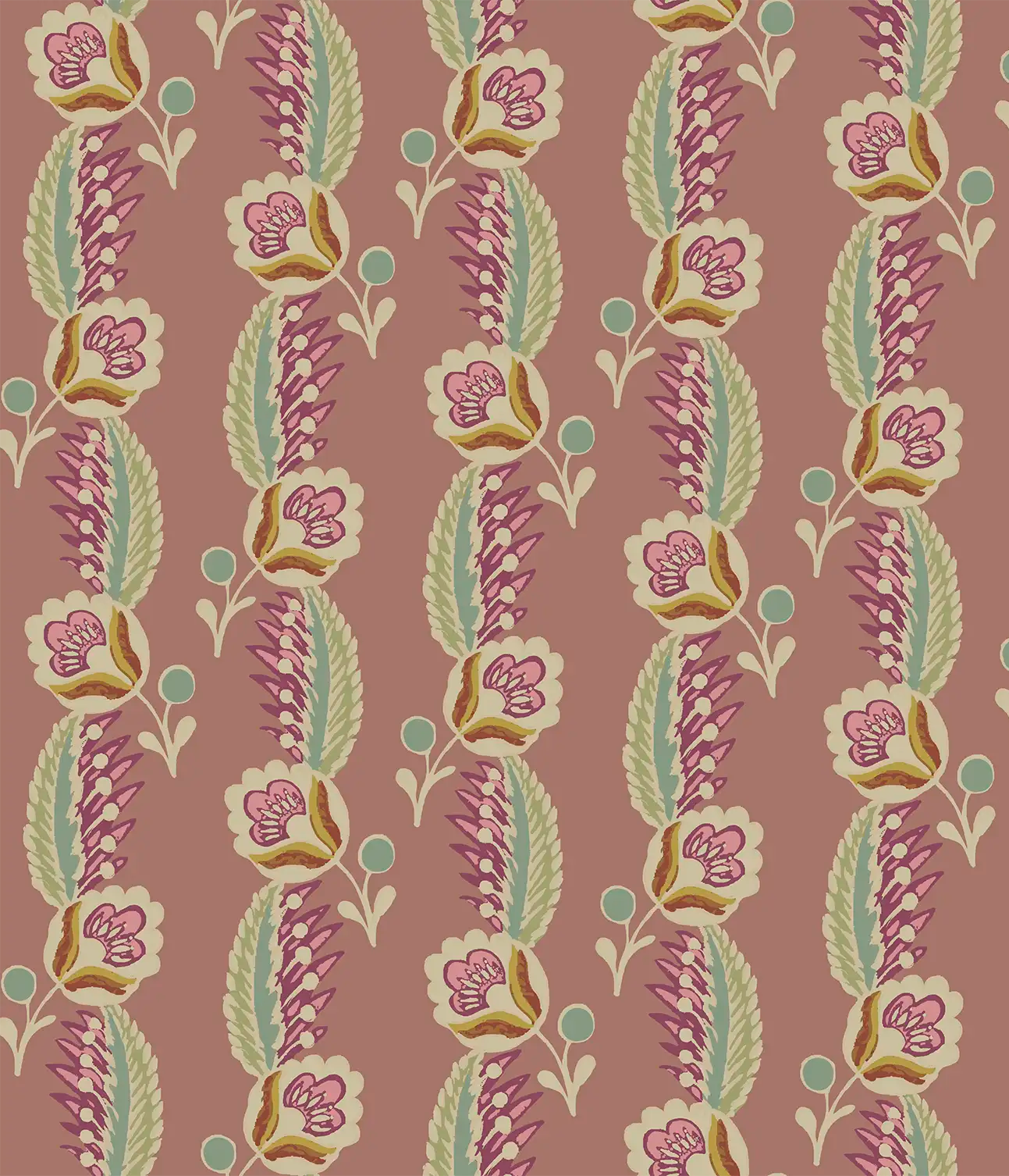 Floral pattern with purple and green leaves on a brown background